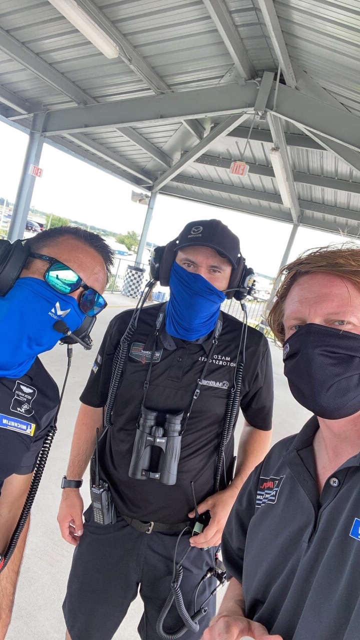 Still having fun while staying safe! (Right - LMP3 driver Stevan McAleer, Center - my brother Chris, spotter extraordinaire, Left - random guy)